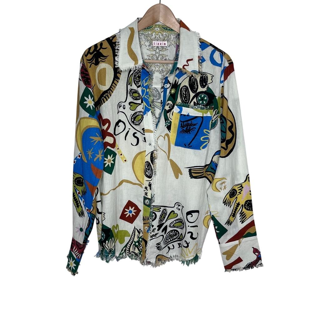 Tizzie Linen Cotton Button Down Shirt Large Abstract Artsy Boho Frayed Hem